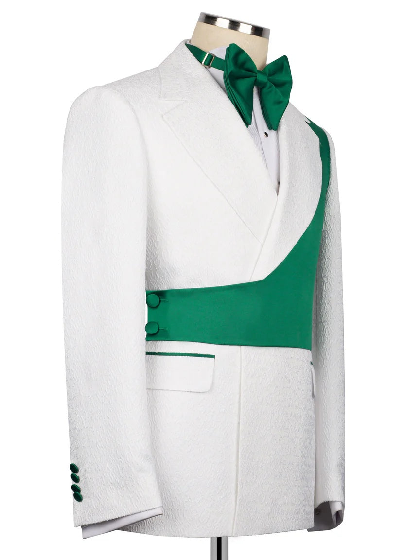 White and Green Jacquard 2-piece Peak Lapel Trendy Suit