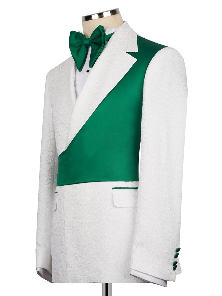 White and Green Jacquard 2-piece Peak Lapel Trendy Suit