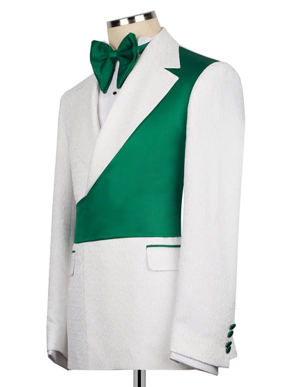 White and Green Jacquard 2-piece Peak Lapel Trendy Suit