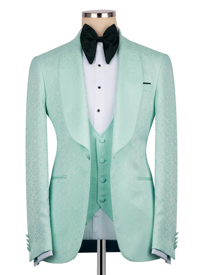 Green Jacquard 3-piece Shawl Lapel Prom Suit