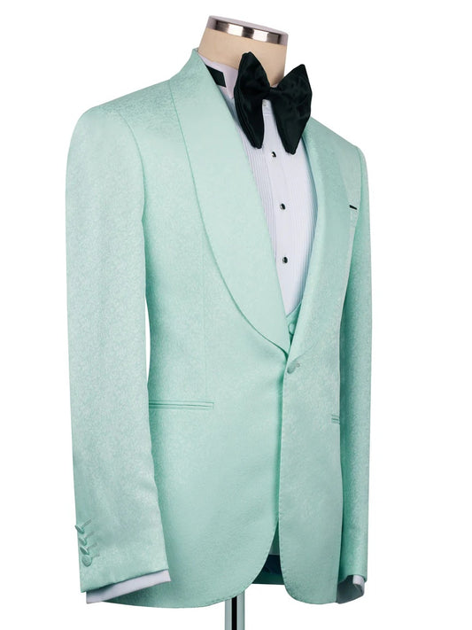 Green Jacquard 3-piece Shawl Lapel Prom Suit