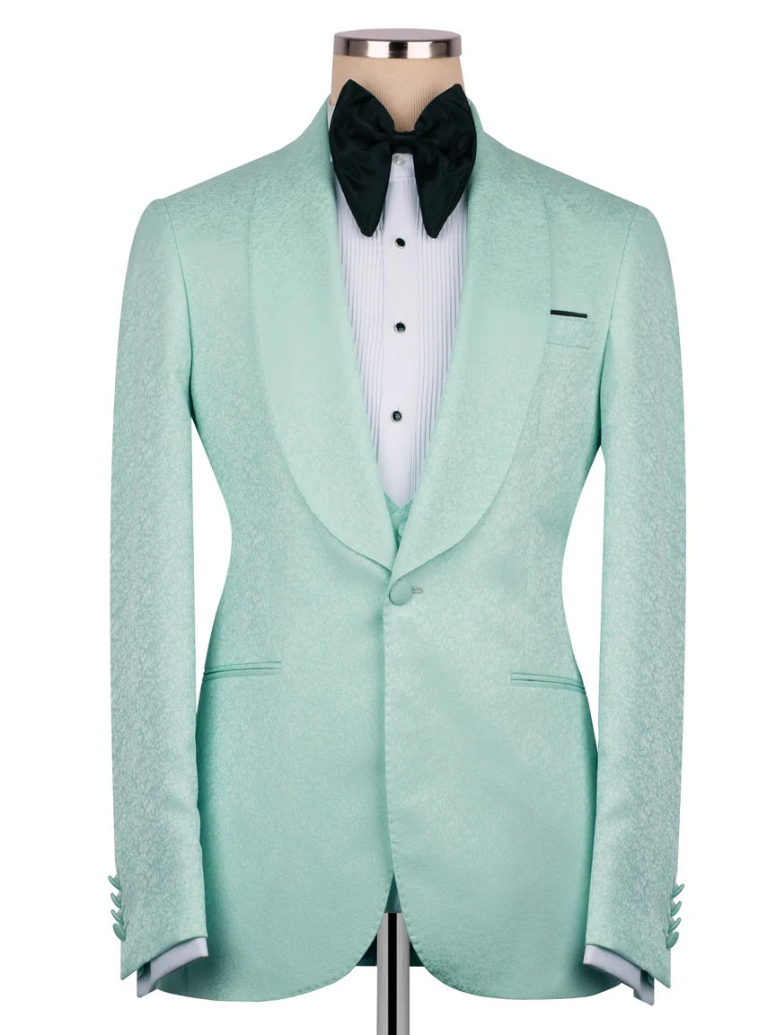 Green Jacquard 3-piece Shawl Lapel Prom Suit