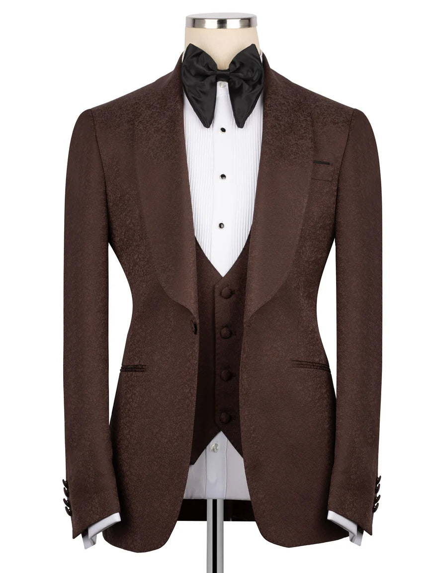Coffee Jacquard 3-piece Shawl Lapel Prom Suit