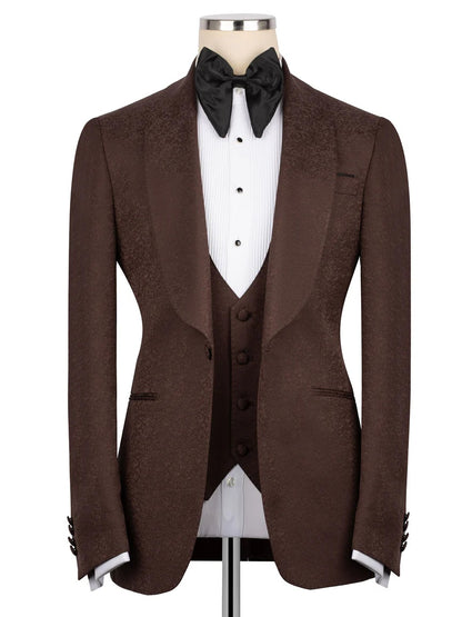 Coffee Jacquard 3-piece Shawl Lapel Prom Suit