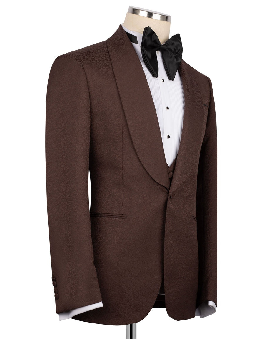 Coffee Jacquard 3-piece Shawl Lapel Prom Suit