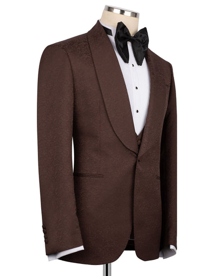 Coffee Jacquard 3-piece Shawl Lapel Prom Suit
