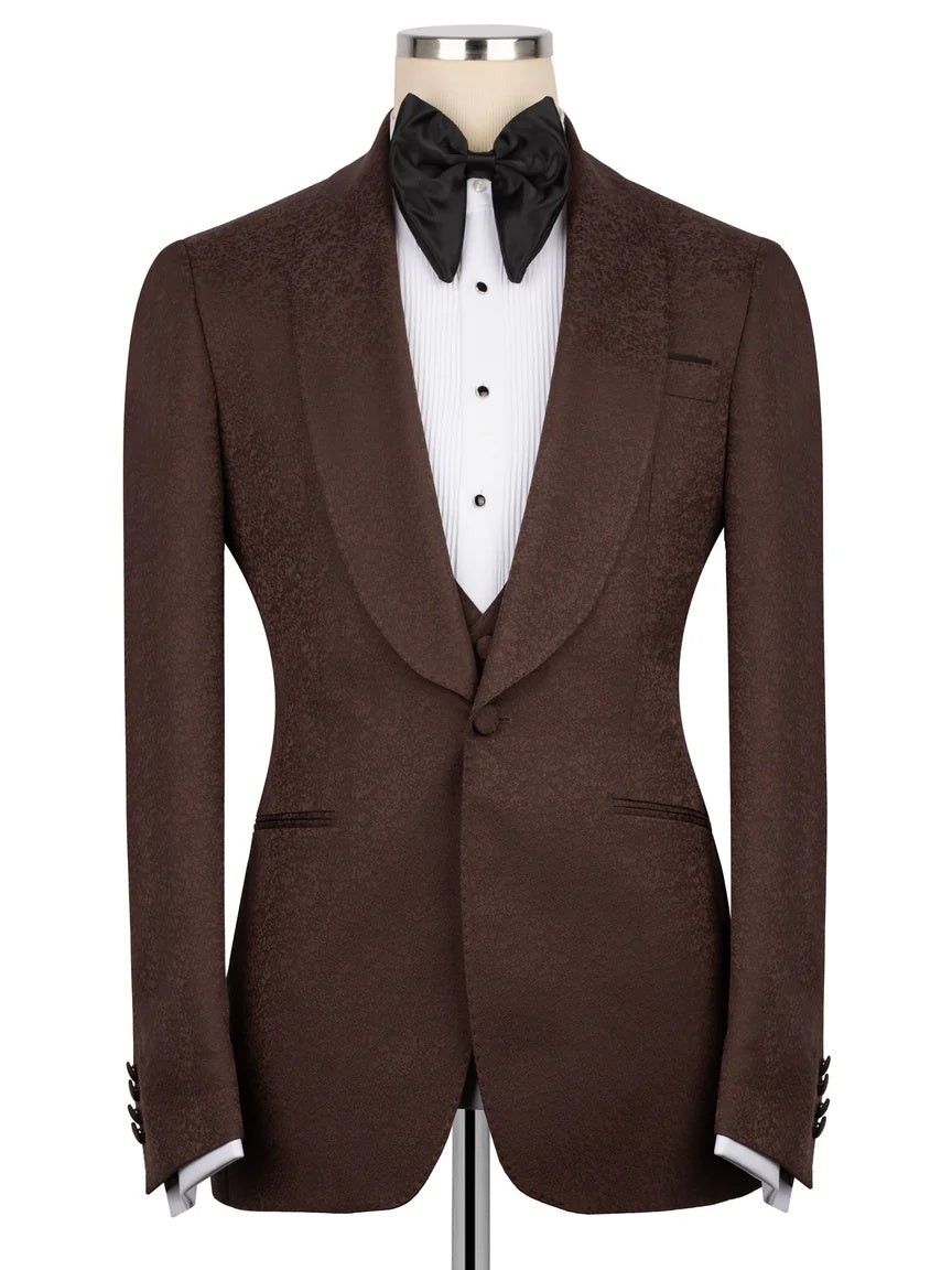 Coffee Jacquard 3-piece Shawl Lapel Prom Suit