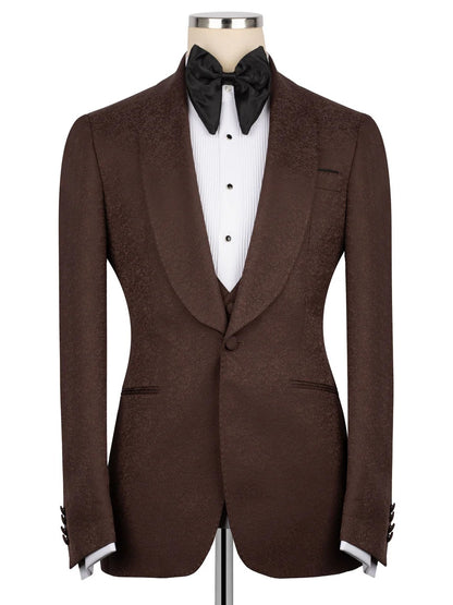 Coffee Jacquard 3-piece Shawl Lapel Prom Suit