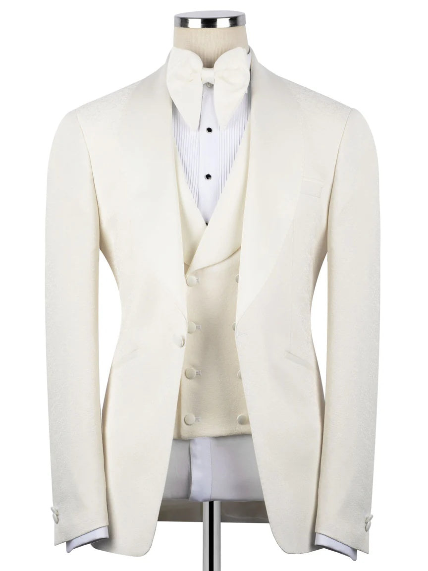 Beige Jacquard 3-piece Shawl Lapel Prom Suit
