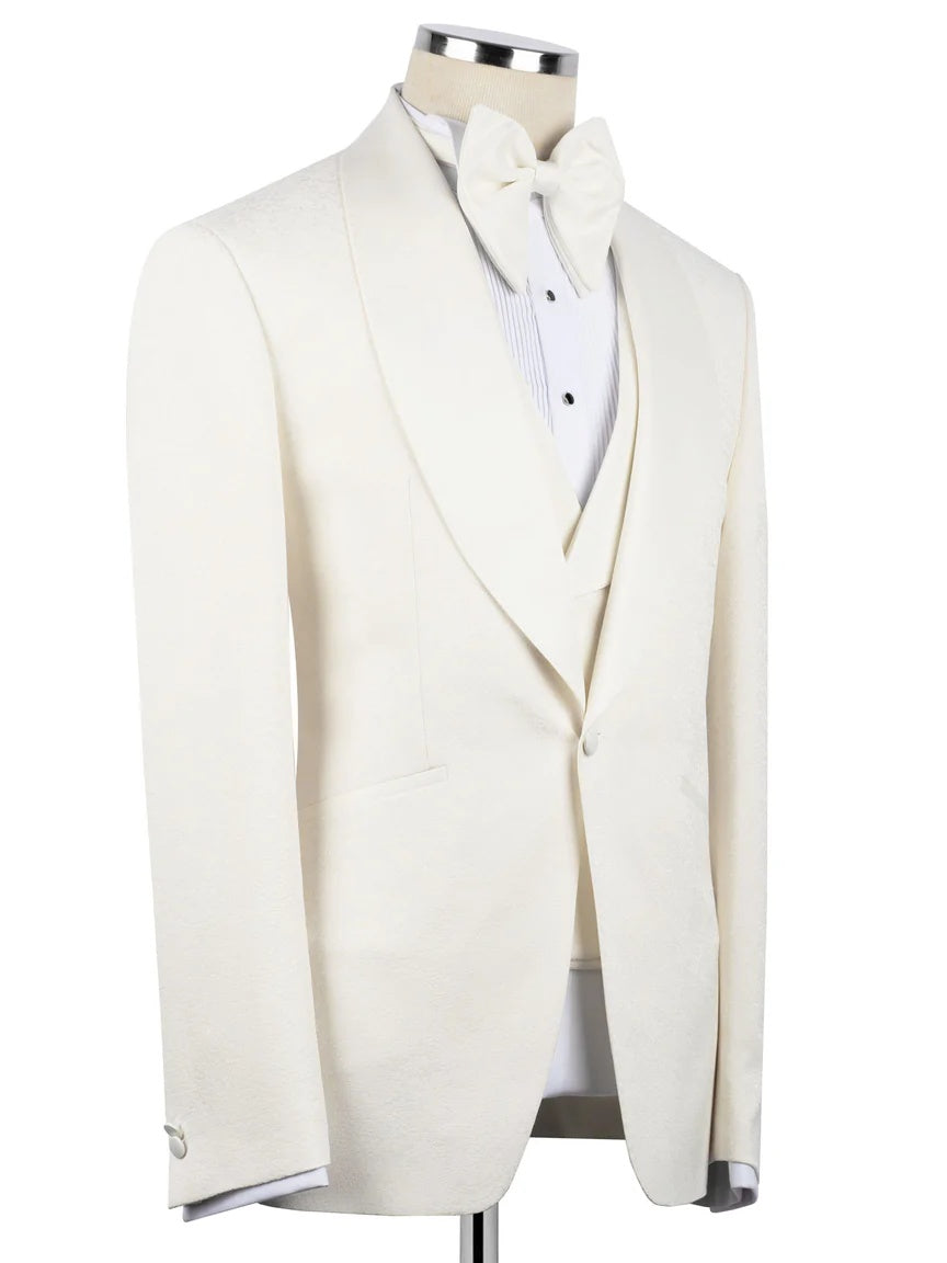 Beige Jacquard 3-piece Shawl Lapel Prom Suit