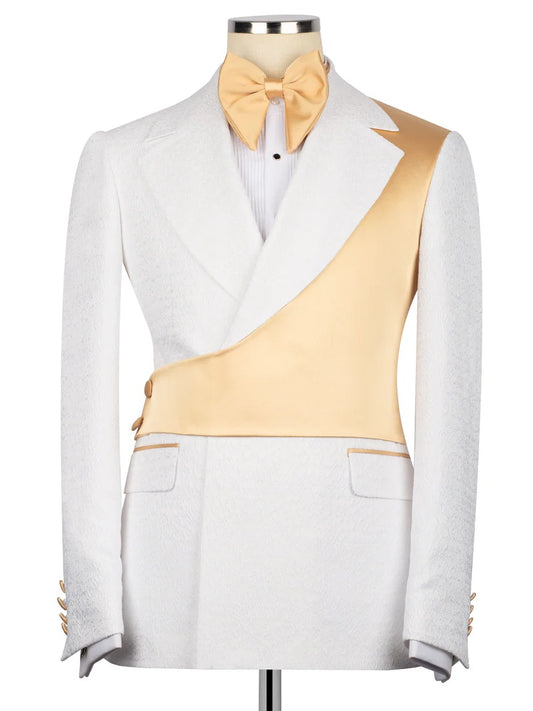 White and Yellow Jacquard 2-piece Peak Lapel Trendy Suit