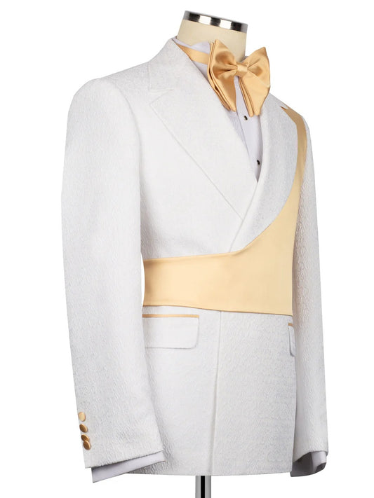 White and Yellow Jacquard 2-piece Peak Lapel Trendy Suit