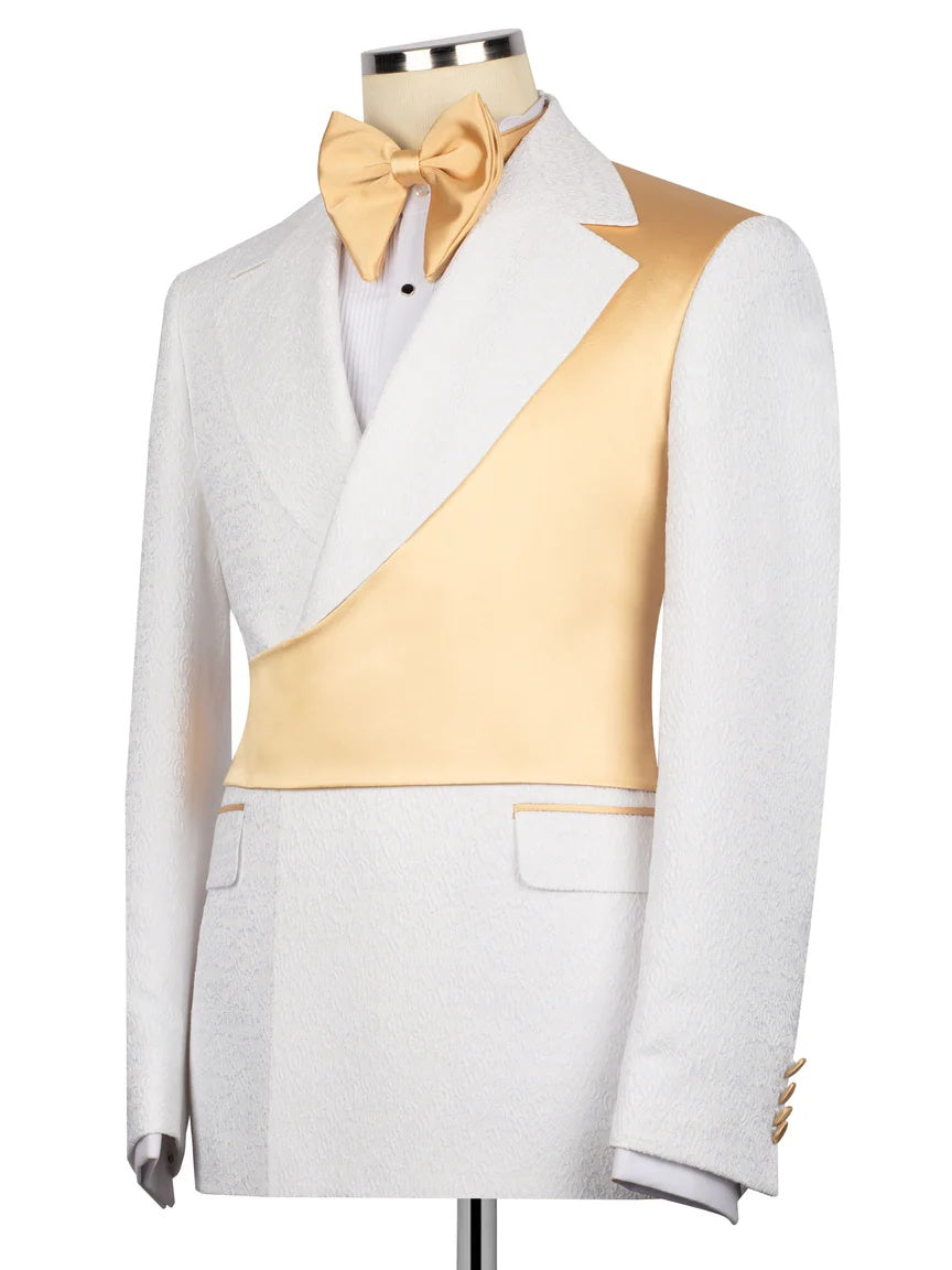 White and Yellow Jacquard 2-piece Peak Lapel Trendy Suit