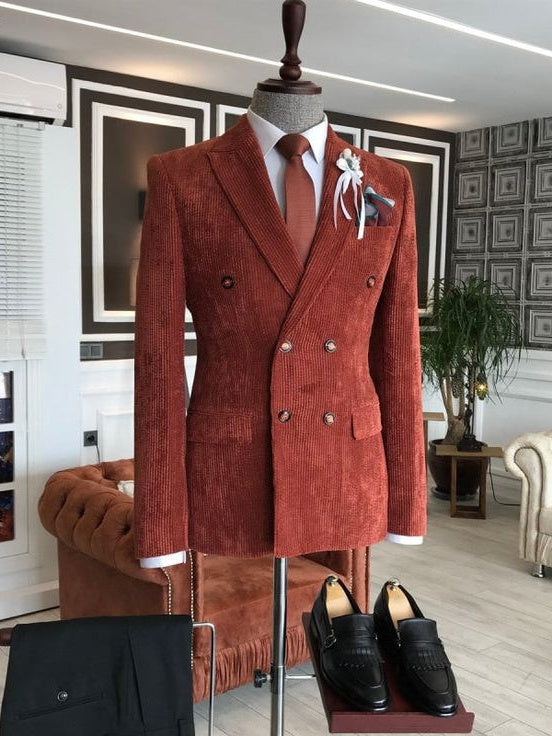 Brick Red Double-Breasted Peak Lapel 2-Piece Suit