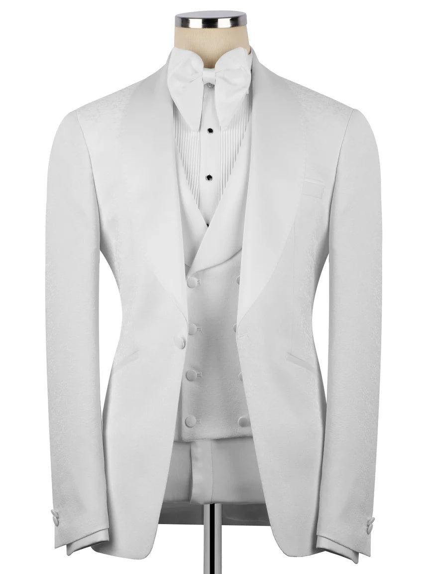 White Jacquard 3-piece Shawl Lapel Prom Suit