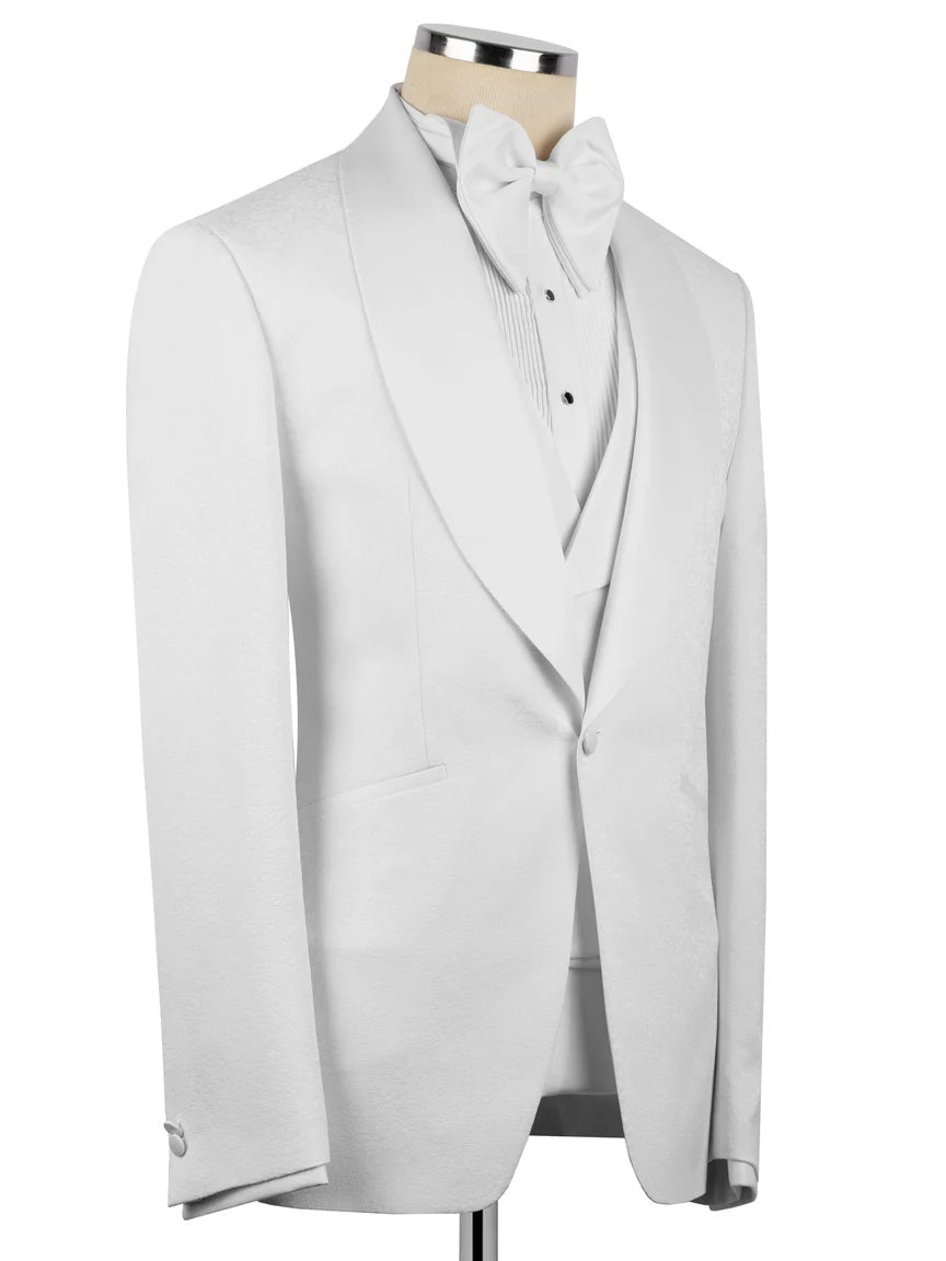 White Jacquard 3-piece Shawl Lapel Prom Suit