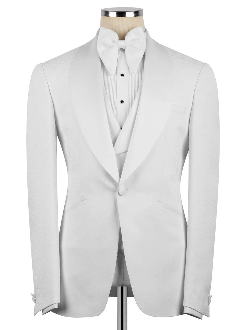 White Jacquard 3-piece Shawl Lapel Prom Suit