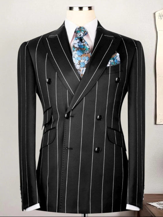 Black striped Double-Breasted Peak Lapel 2-Piece Suit