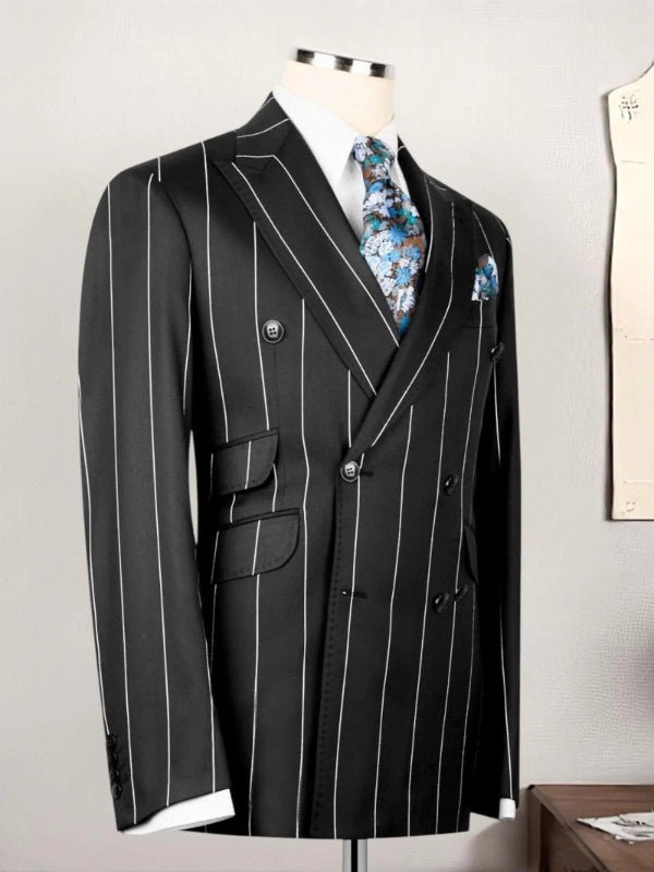 Black striped Double-Breasted Peak Lapel 2-Piece Suit