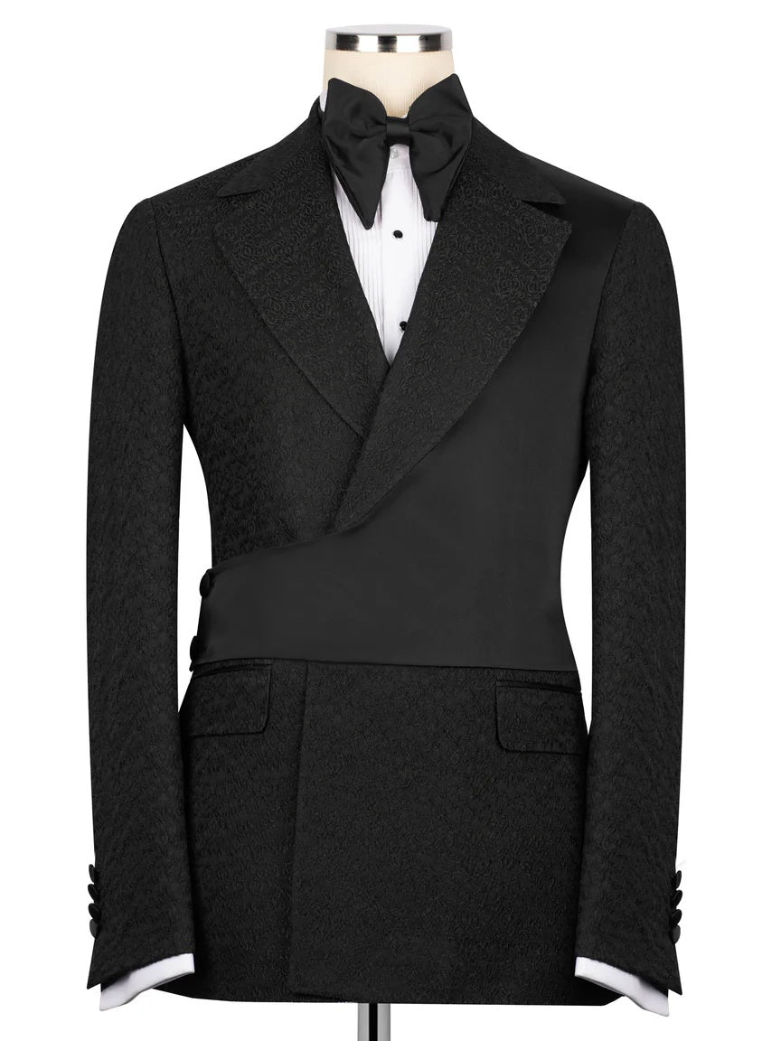 Black Jacquard 2-piece Peak Lapel Trendy Suit