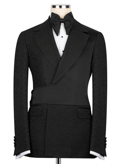 Black Jacquard 2-piece Peak Lapel Trendy Suit