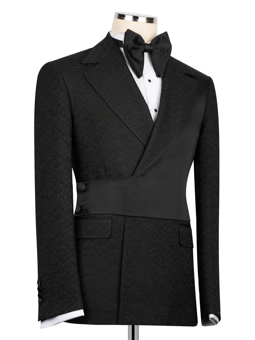 Black Jacquard 2-piece Peak Lapel Trendy Suit