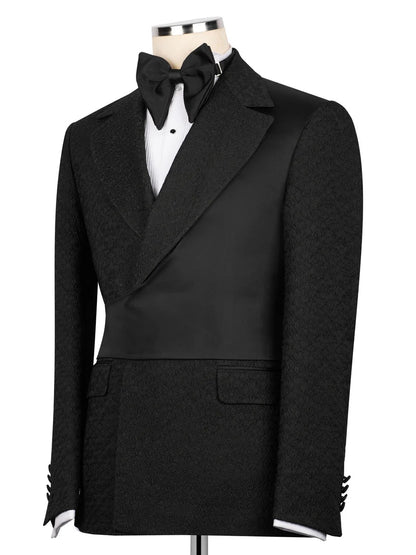 Black Jacquard 2-piece Peak Lapel Trendy Suit