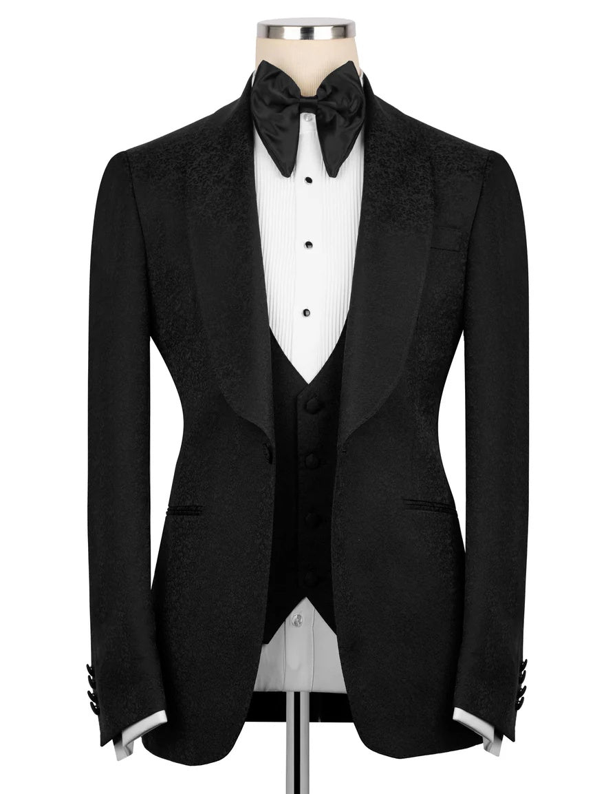 Black Jacquard 3-piece Shawl Lapel Prom Suit