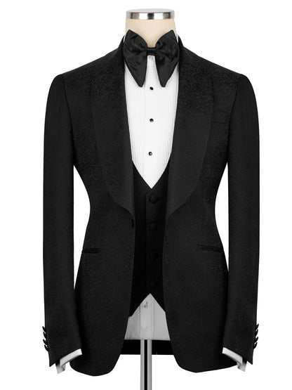 Black Jacquard 3-piece Shawl Lapel Prom Suit