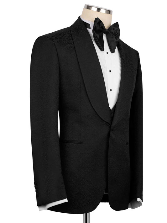 Black Jacquard 3-piece Shawl Lapel Prom Suit