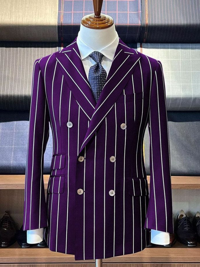Modern purple striped 2-piece double breasted Peak Lapel suit