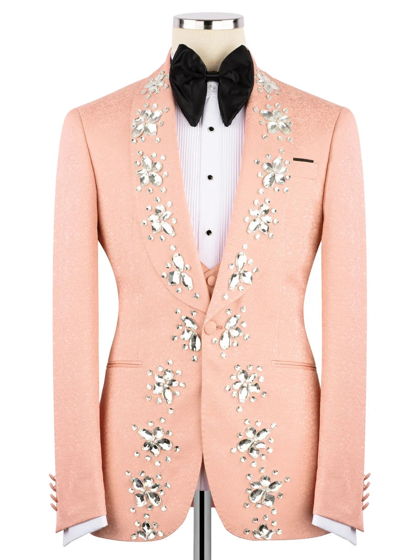 Pink Rhinestone Decor Single-Breasted Prom Tuxedo Suit