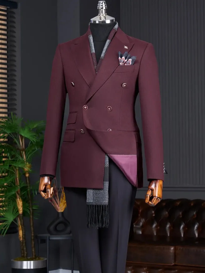 Burgundy Double-Breasted Suit with Peak Lapel – 2-Piece Formal Wedding & Prom Suit