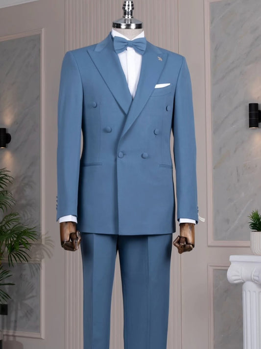 Blue Double-Breasted Suit with Peak Lapel – 2-Piece Formal Wedding & Prom Suit
