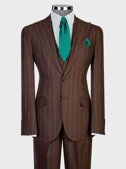 Dark Brown Striped 2-button 3-Piece Business Suit for Men