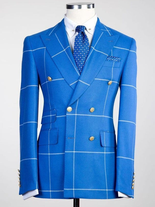 Bright Blue Plaid Suit for Men – Slim Fit Double Breasted Style