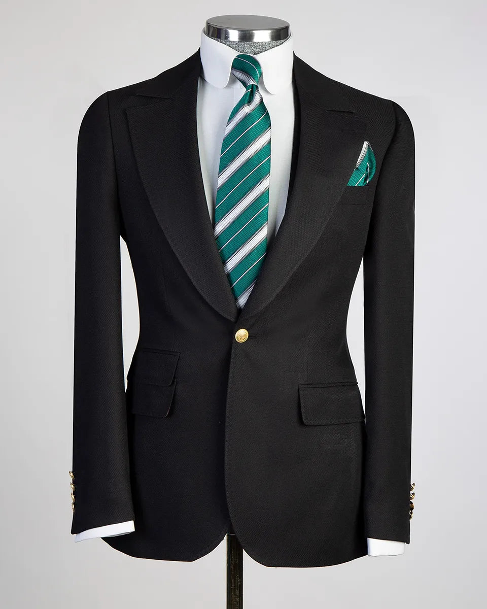 Black 3-piece single breasted Peak Lapel suit