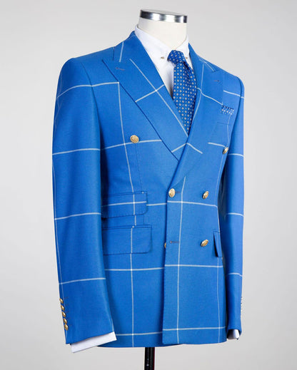 Bright Blue Plaid Suit for Men – Slim Fit Double Breasted Style