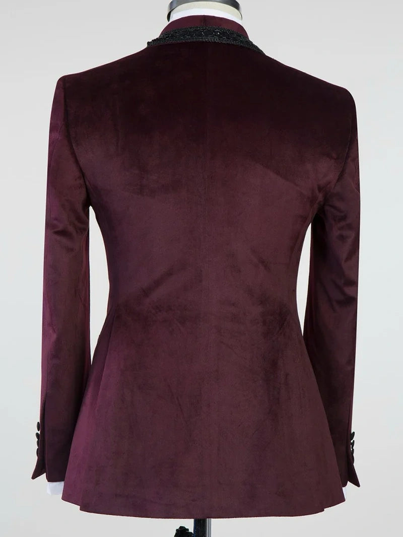 Dark red 2-piece Shawl Lapel Single button Prom Suit