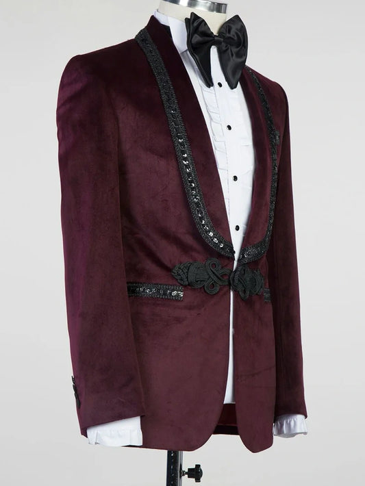 Dark red 2-piece Shawl Lapel Single button Prom Suit