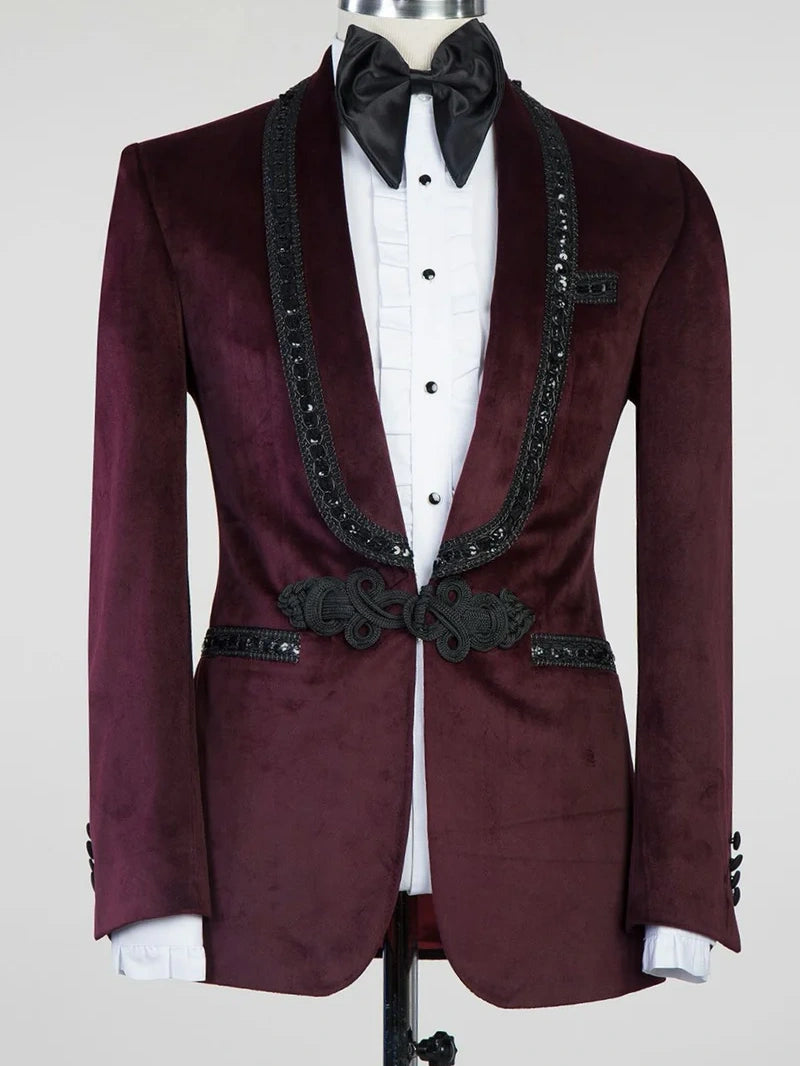 Dark red 2-piece Shawl Lapel Single button Prom Suit