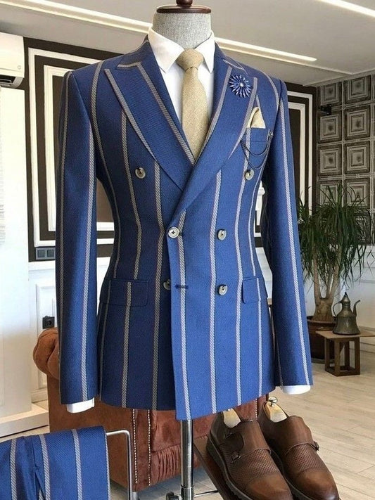Elegant Blue Striped 2-Piece Business Suit for Men