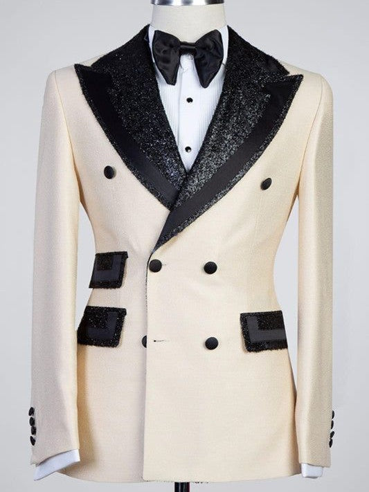 Men’s Elegant Champagne Suit with Sequin Peak Lapel