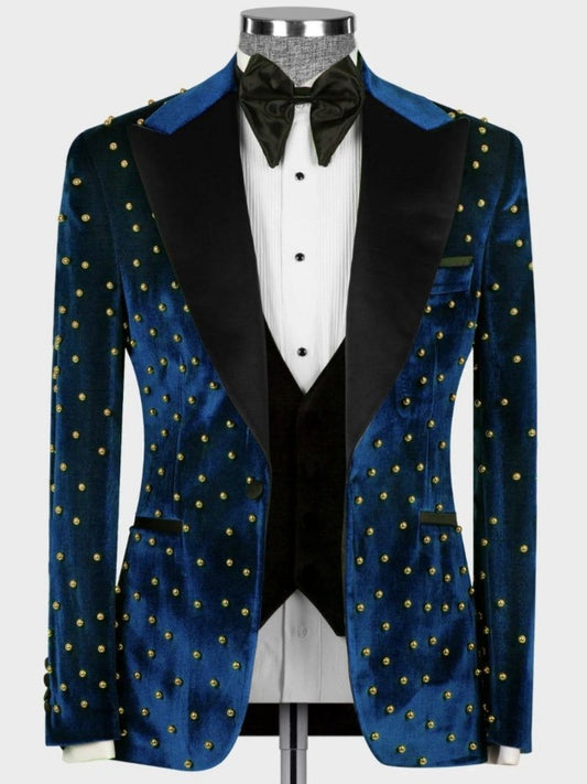 Blue Velvet Studded Peak Lapel Tuxedo Suit for Men