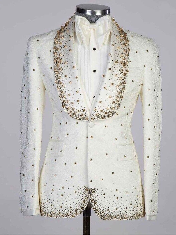 Men’s White Crystal Embellished Prom & Wedding Tuxedo Suit