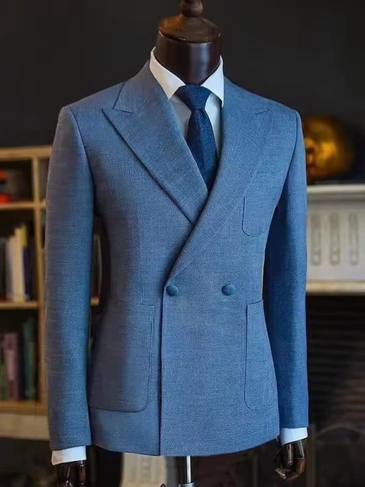 Men’s Blue Business Suit 2 Piece – Formal Peak Lapel Blazer Set with Large Pockets
