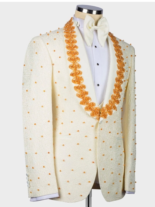 Men’s Beige Crystal Embellished Prom & Wedding Tuxedo Suit