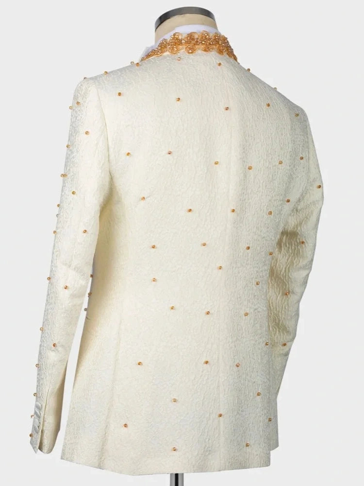 Men’s Beige Crystal Embellished Prom & Wedding Tuxedo Suit