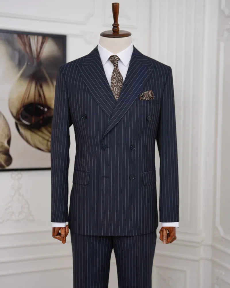 Striped Double-breasted Peak Lapel 2-piece Suit