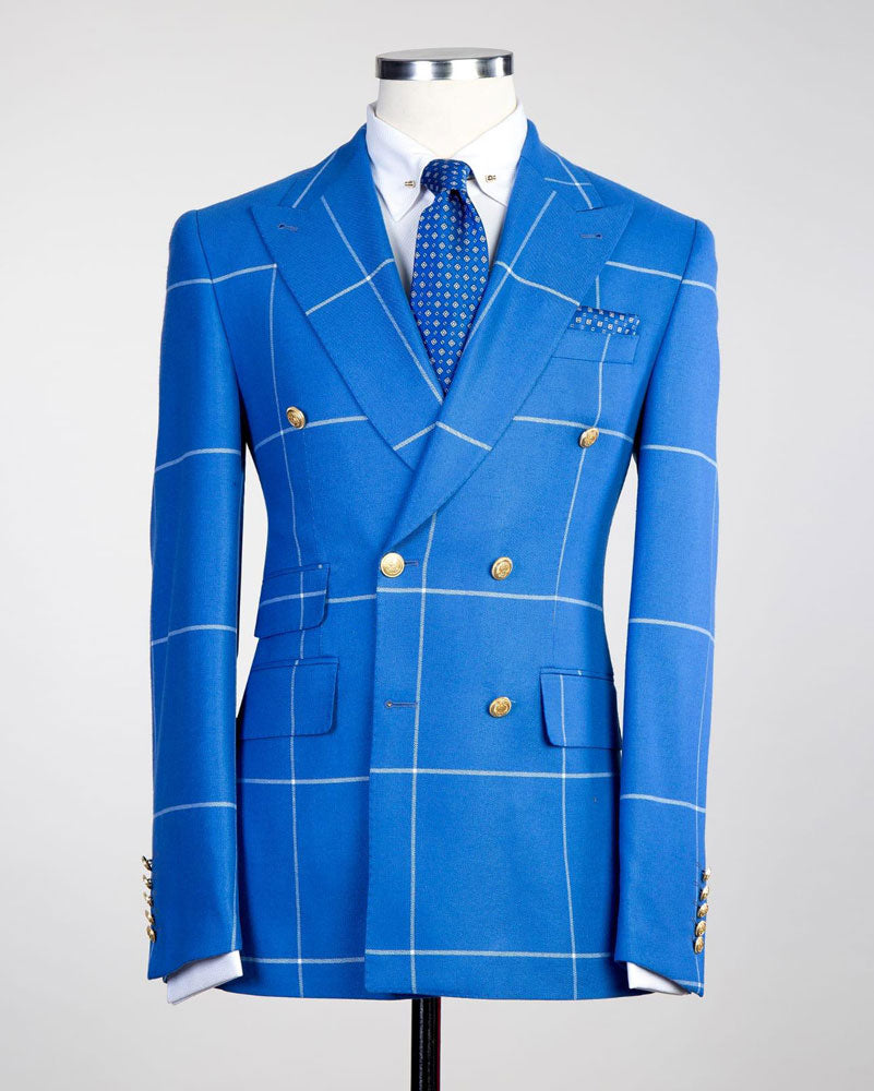 Bright Blue Plaid Suit for Men – Slim Fit Double Breasted Style